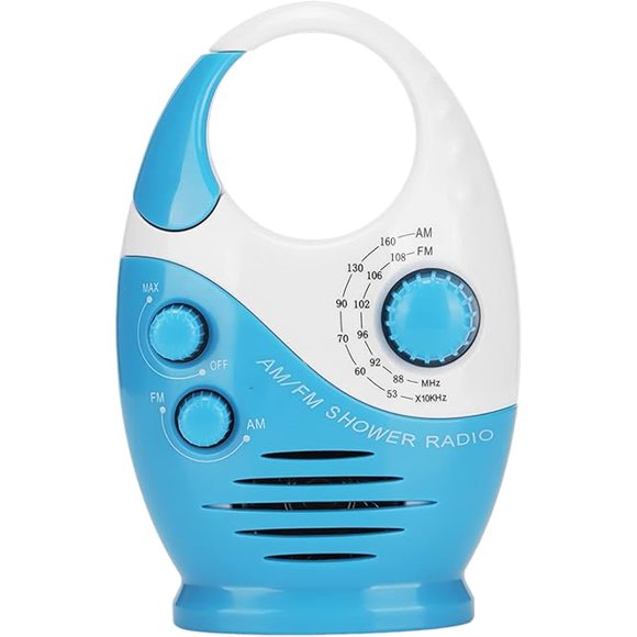 Waterproof Shower Radio, Portable AM/FM Speaker with Adjustable Volume, Hanging Top Handle, Mini Battery Operated Radio for Bathroom, Kitchen, Outdoor Use
