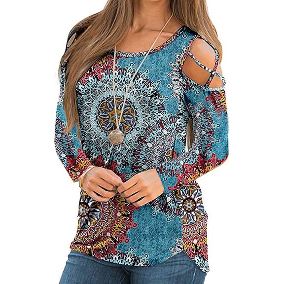 Women's Top Printed Long-Sleeved Off-Shoulder T-shirt Crew Neck Blouse Casual Long-Sleeved Tie Dye Blouse