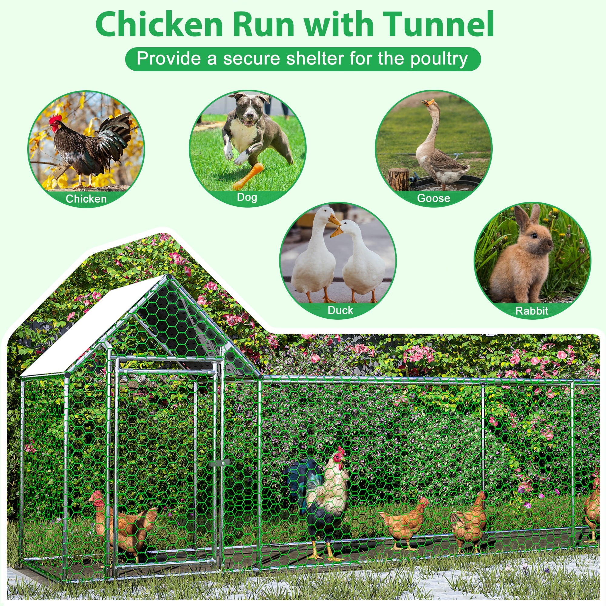 Aukfa 16x3FT Metal Chicken Coop with Run, Outdoor Backyard Hen House Poultry Habitat Cage w/Cover