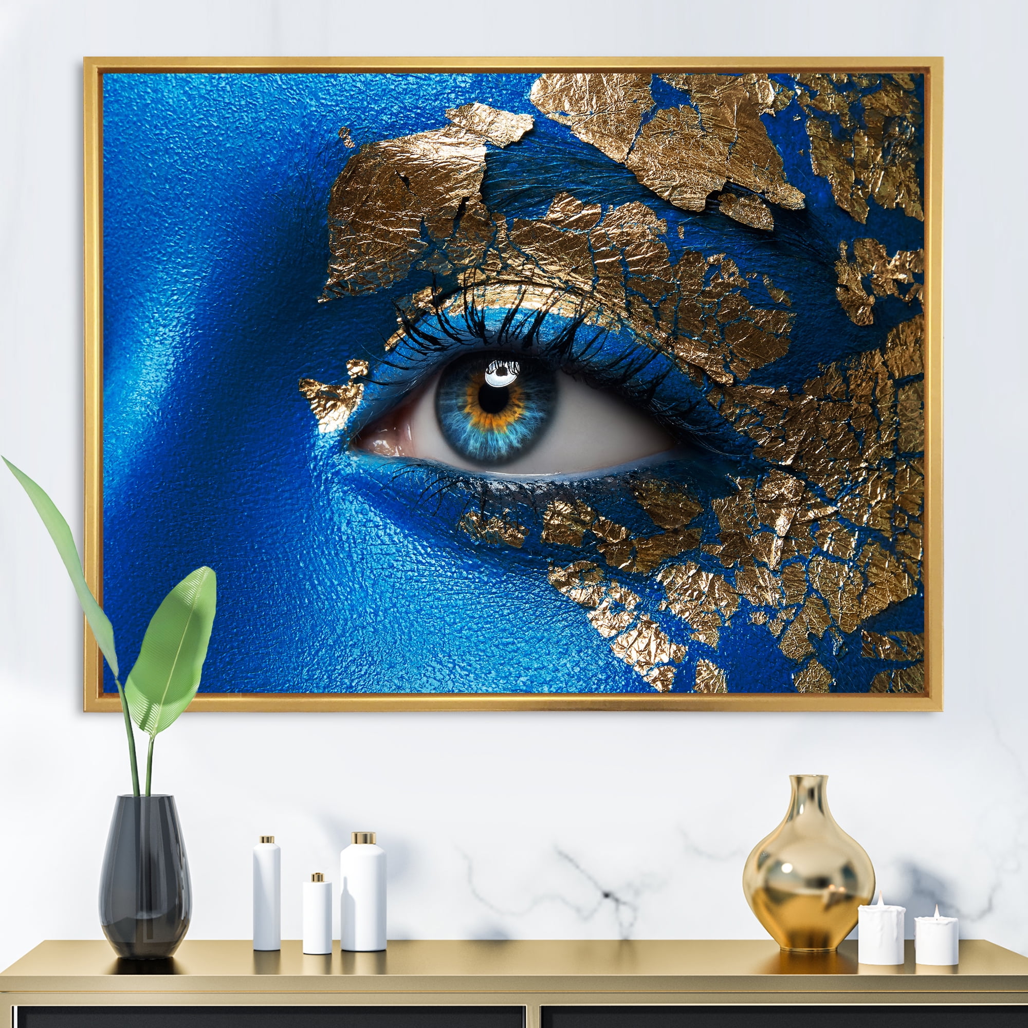 Designart 'Portrait of A Young Woman Model With Blue Make-Up' Modern Framed Canvas Wall Art Print