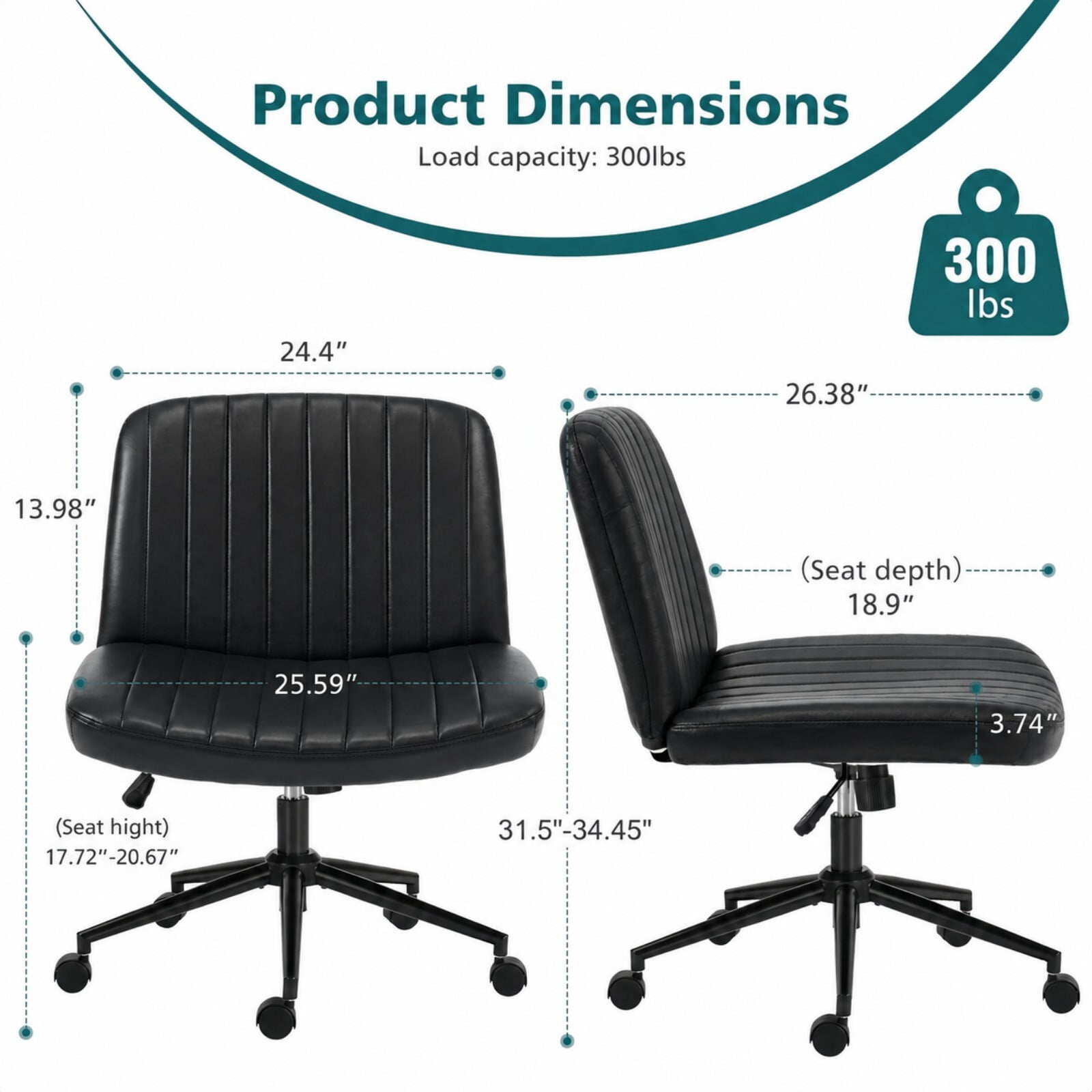 Kelno Armless Criss Cross Office Chair with Wheels 300lb Capacity Wide Seat Cross Legged Desk Chair Height Adjustable Swivel Vanity Chair, Black PU