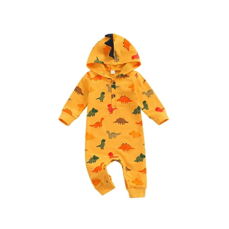 

hirigin Baby Boy’s Dinosaur Printed Round Neck Long Sleeve Hooded Jumpsuit