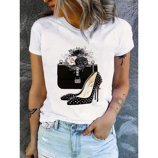 Camiseta De Cuello Redondo Con Estampado De Tacones Altos, Camiseta De Manga Corta Casual Para Primavera Y Verano, Ropa De Mujer