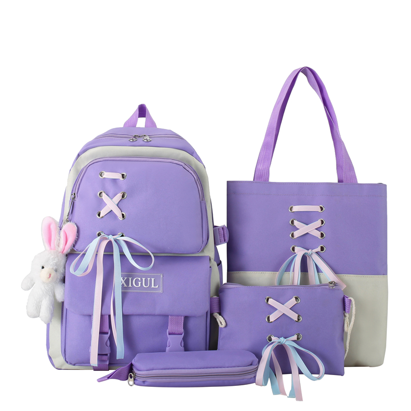 Letter Patch Decor Backpack, Preppy Style Zipper Bookbag, Cute Bow