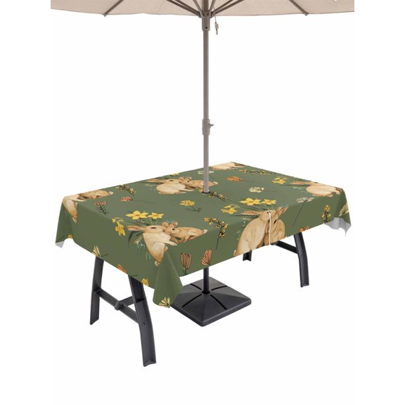 Easter Bunny Outdoor Tablecloth - 52x70 Inch Rectangle Dining Table Cover, Spring Yellow Flowers Country Plants Green Waterproof Outdoor Table Cloth with Umbrella Hole & Zipper for Picnic/Patio/Party