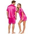 thumbnail image 5 of （Mens） Couple Matching Sets Silk Short Sleeve Button Down Sleepwear Satin Shorts Set Soft Loungewear Hot Pink L, 5 of 8