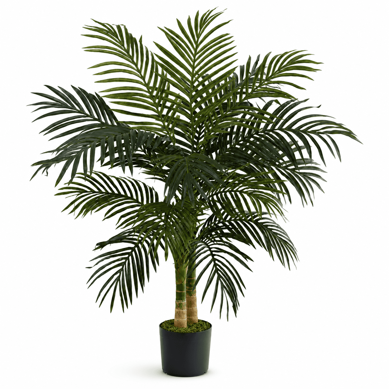 4 Ft Artificial Palm Tree Double Stalk Faux Golden Cane Palm with Realistic Lush Foliage Maintenance-Free Indoor Floor Plant for Living Room Bedroom and Office Decor