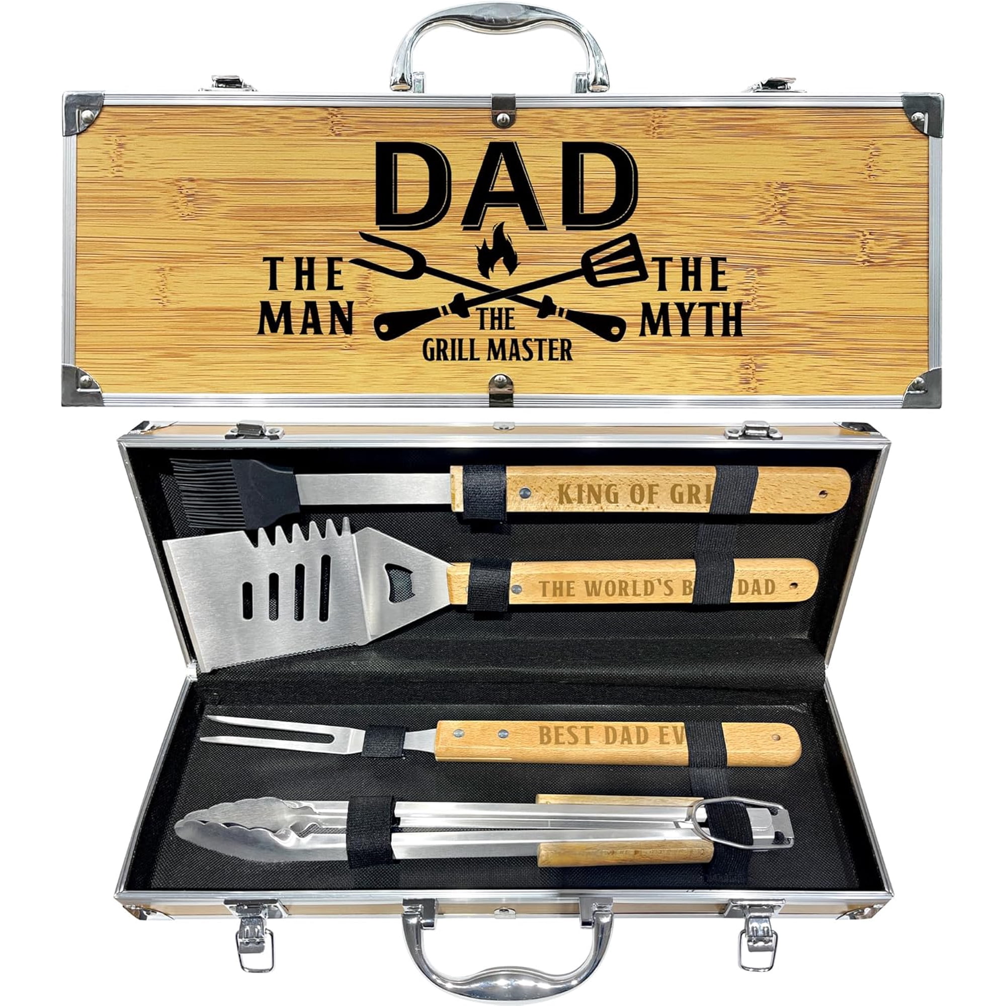 Heavy Duty Wooden BBQ Grilling Accessories Kit with Thick Stainless Steel Grill Utensils and Non-Slip Handles in Portable Bag