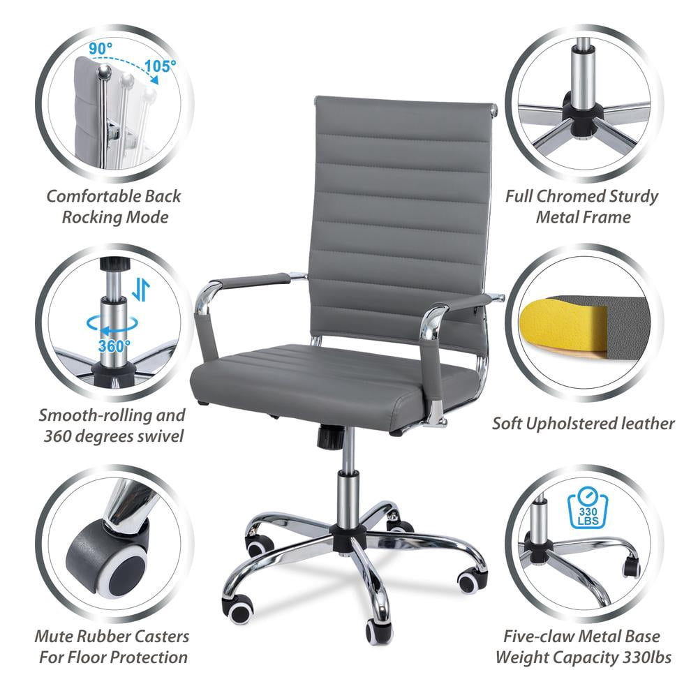 Okeysen Mid-Back Ribbed Home Office Desk Chair Ergonomic Faux Leather Conference Room Swivel Chairs Adult, Gray