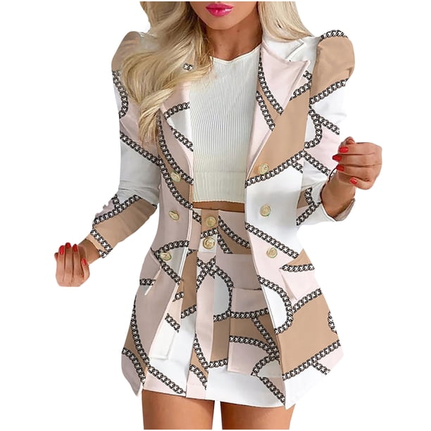 Trajes de falda corta informal con cuello vuelto y manga larga con estampado de moda para mujer Wmkox8yi bvn371