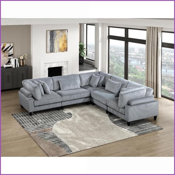 5-Piece Modular Sectional Sofa – Gray Corduroy with 8 Pillows, Solid Wood Frame for Living Room | Gray | Corduroy | Solid Wood