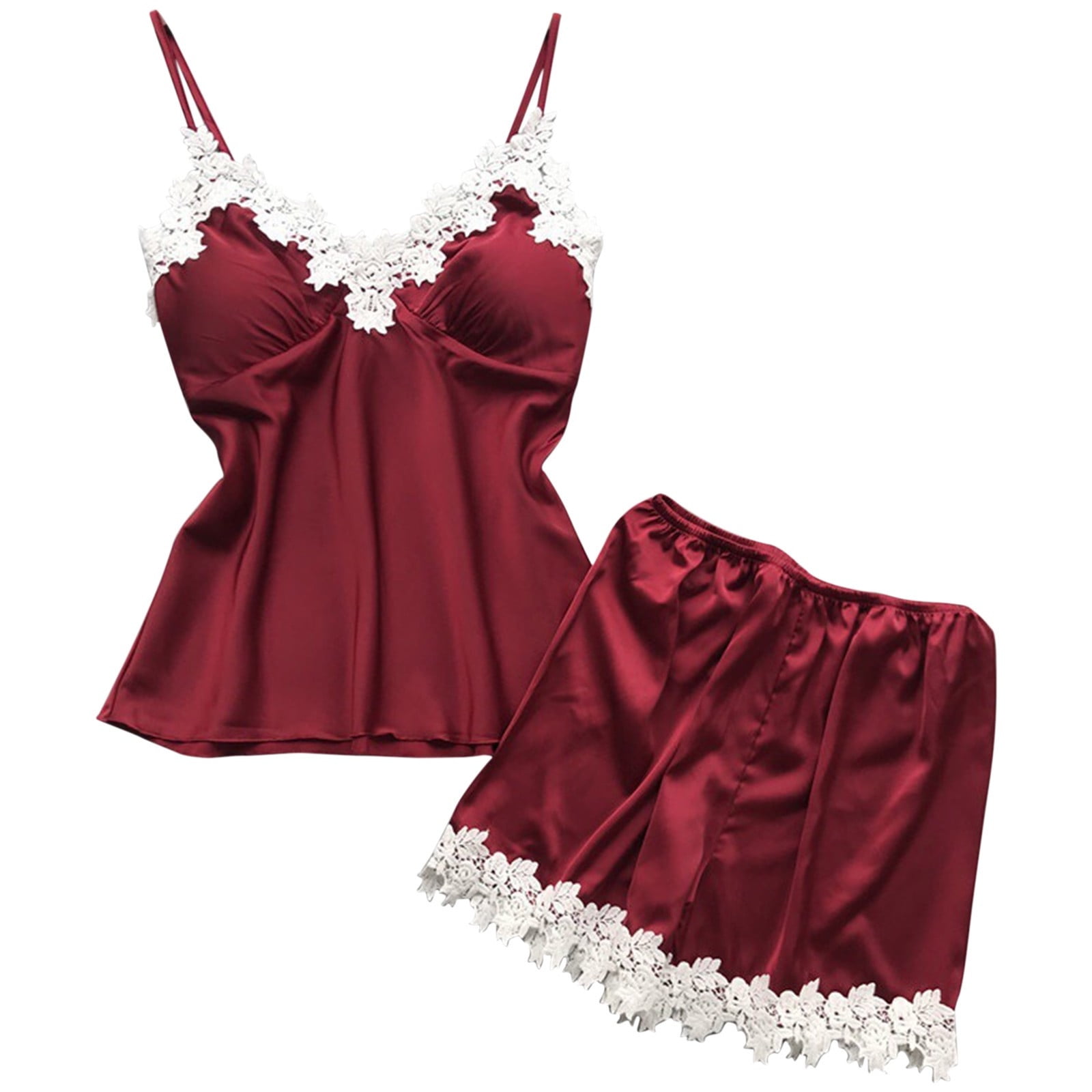 CAICJ98 Silk Pajamas for Women 2Pcs Women Silk Satin Pajamas Set Lady V Neck Sleepwear Cami Shorts Loungewear Nightwear Sexy Lingerie Set M Wine Walmart