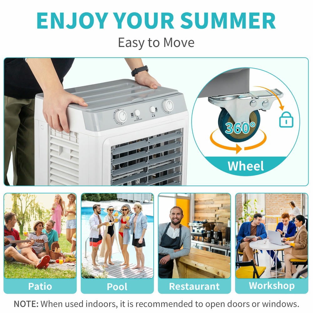 GVN 3 in 1 Portable Evaporative Cooler, Indoor, Outdoor, Personal Air Cooler, 7.9 Gal Large Water Tank & Scroll Casters, 4 Ice Packs, White, Manual Control