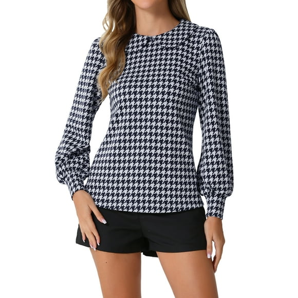 BLUSAS DE MANGA LARGA CON CUELLO PETER PAN DE HOUNDSTOOTH PARA MUJERES INSPIRADAS CHIC XL AZUL MARINO