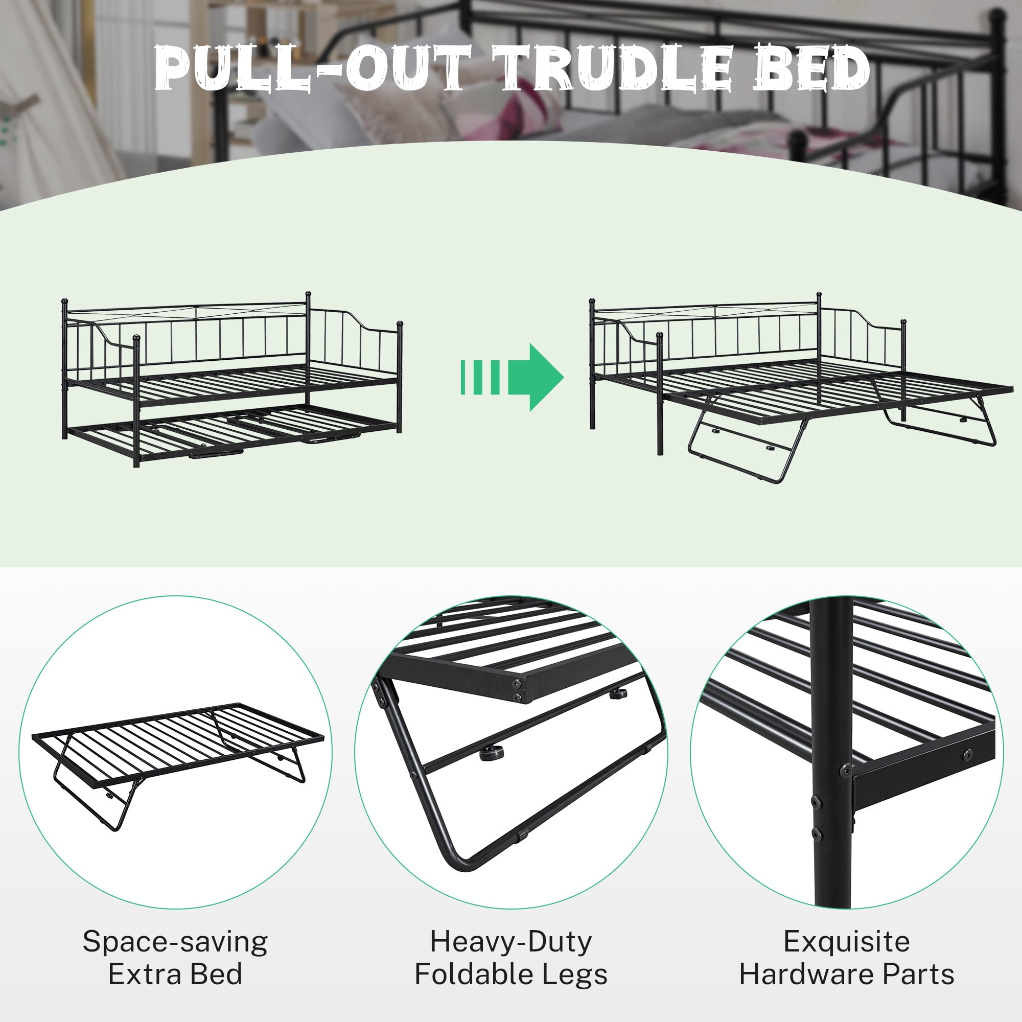 PAPROOS Daybed with Trundle Included, Twin Size Metal Daybed Frame with Pull out Trundle Bed, No Box Spring Needed, Black