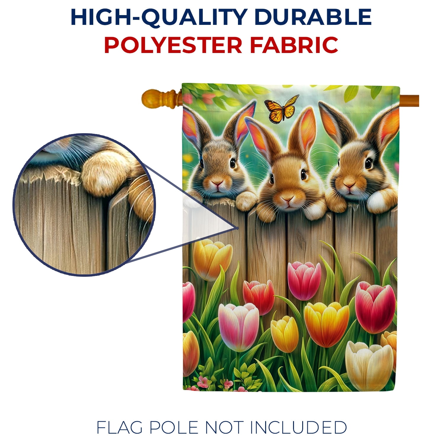 America Forever Bunnies Spring House Flag, 28” x 40” Double Sided, Spring Summer Easter Day Flags, Three Cute Bunnies Tulip Garden and Butterflies, for Outdoor Patio and Home Decoration
