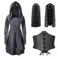 thumbnail image 3 of Vestido vintage para mujer, disfraz de arquero medieval renacentista, con capucha, con cordones, suéter largo con capucha, capa para Halloween, 3 of 5