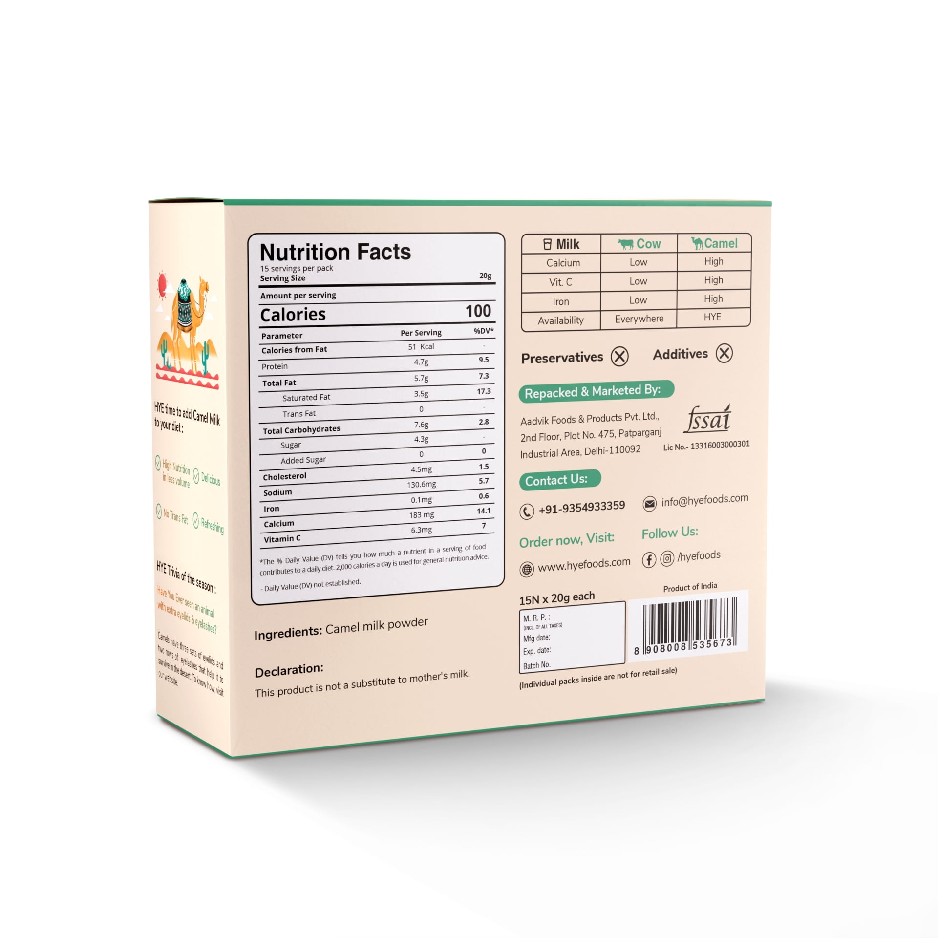 Hye Foods Camel Milk Powder | 20g x 15 Sachets | 300gms
