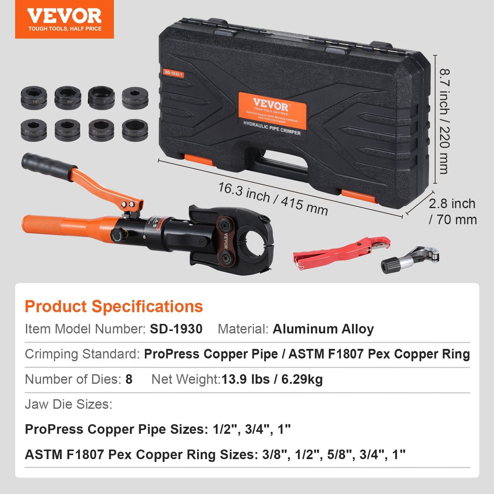 Hydraulic Pipe Crimping Tool Kit with Multi-Size Jaws for Copper & Pex Pipe