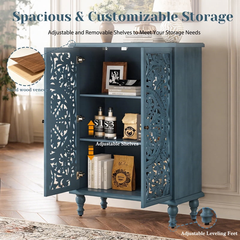 Freestanding Accent Storage Cabinet with Hollowed Out Carved Double Door, Farmhouse Display Buffet Chest with Adjustable Shelf