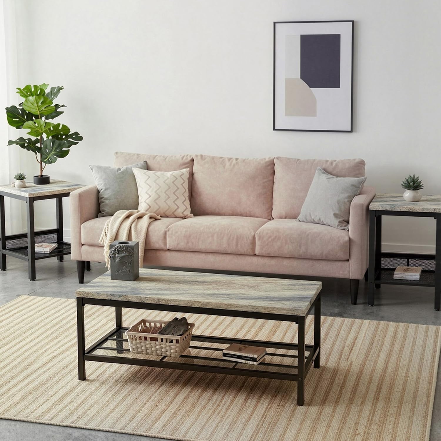 Lamerge Coffee Table Set of 3, Industrial Coffee Table with 2 Square End Side Tables, Modern Living Room Table Set with Metal Frame for Apartment Home Office, Grey