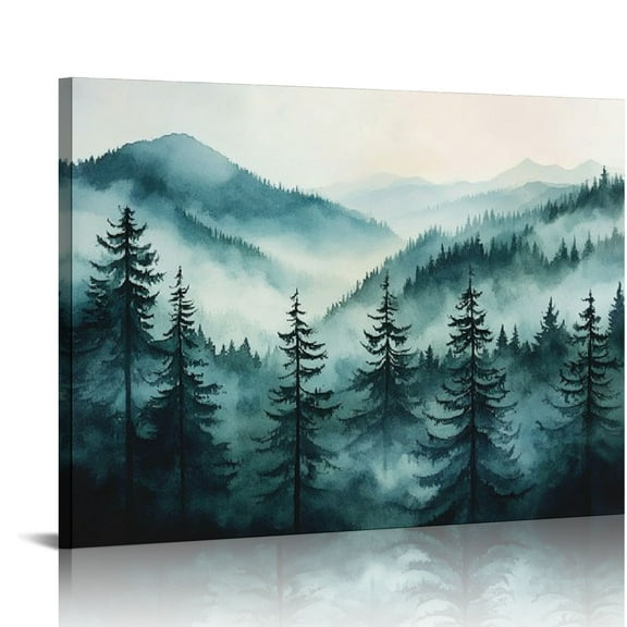 NJSTORE Watercolor Misty Forest Framed Canvas Wall Art Set, Nature Landscape Wall Decor, Foggy Mountain Pine Trees Wall Painting, Jungle Scenery Artwork for Living Room, Bedroom, Office