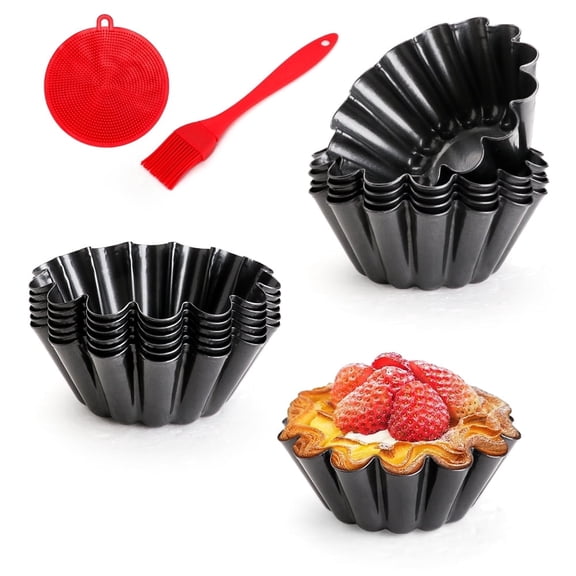 12 pcs Egg Tart Molds, 3.6" Mini Tart Pans, 1.2'' Deep Non-Stick Carbon Steel Mini Tart Panw/Oil & Dish Brushes for Cupcake Cake Muffin Mold Tin Pan, Baking Set Tool