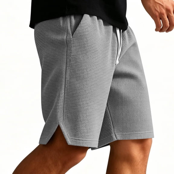 TKKCS Mens Waffle Knit Casual Shorts- Loose Fit Summer Daily Wear Elastic Wasit Drawstring Split Hem Breathable Lounge Shorts Gray Size 2XL
