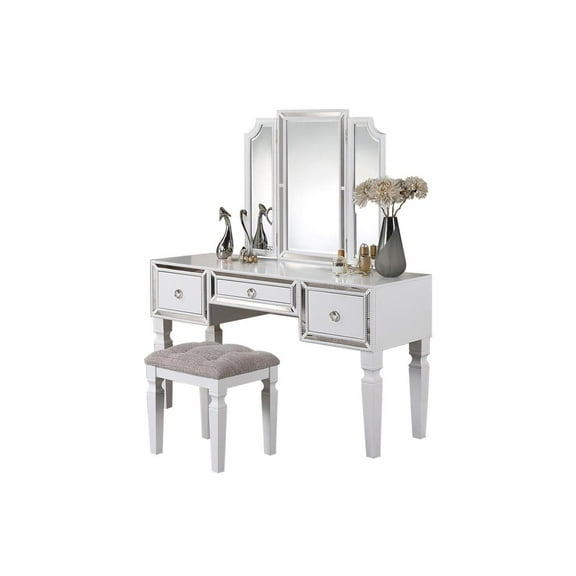Poundex Wooden Makeup Vanity Set with Tri-fold Mirror and Stool - White