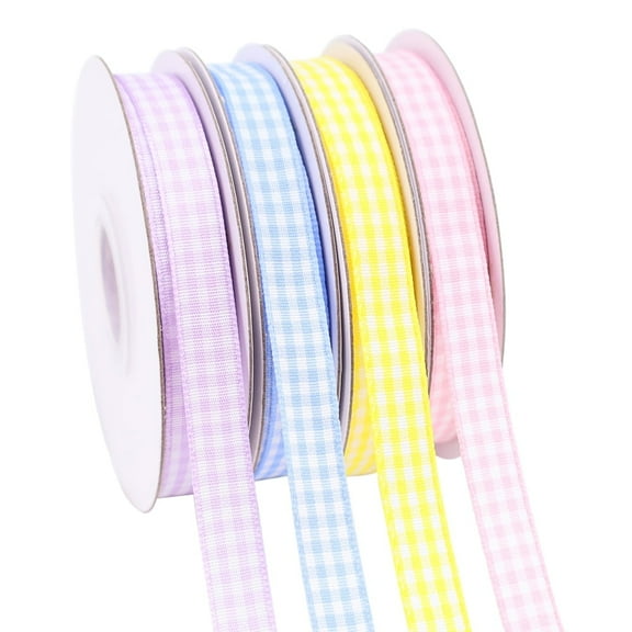 IDONGCAI Gingham Ribbon 60 Yards 4 Rolls Plaid Ribbon 3/8 Inch Checkerd Ribbon for Gift Wrapping Baby Shower(Light Purple Yellow Blue Pink)