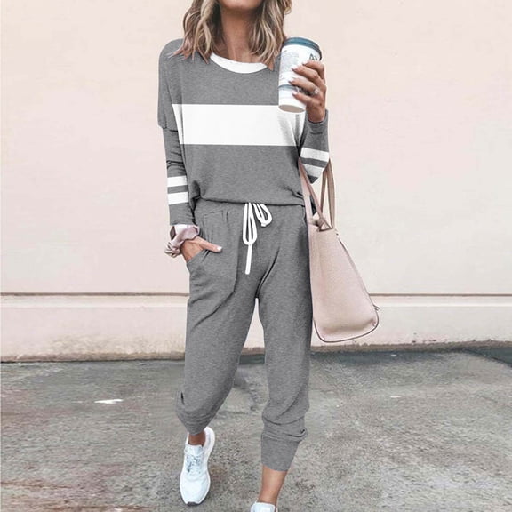 Muscularfit Pullover 2 Piece Sets Plus Size Striped Athletic Sets Gray Pleated Crew Neck Long Sleeve Womens Outfit Sets