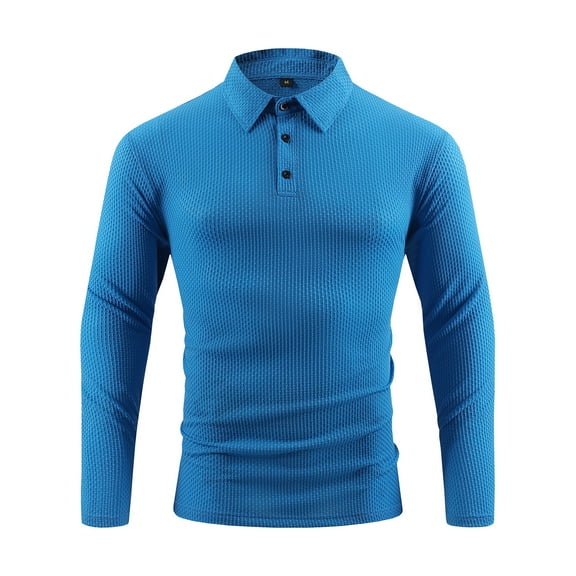ZCFZJW Mens Long Sleeve Textured Polo Shirts Casual Fall Button Neckline Lapel Collar Pullover Sweater Tops Trendy Solid Color Basic Workout Tees Sweatshirt Blue XXL