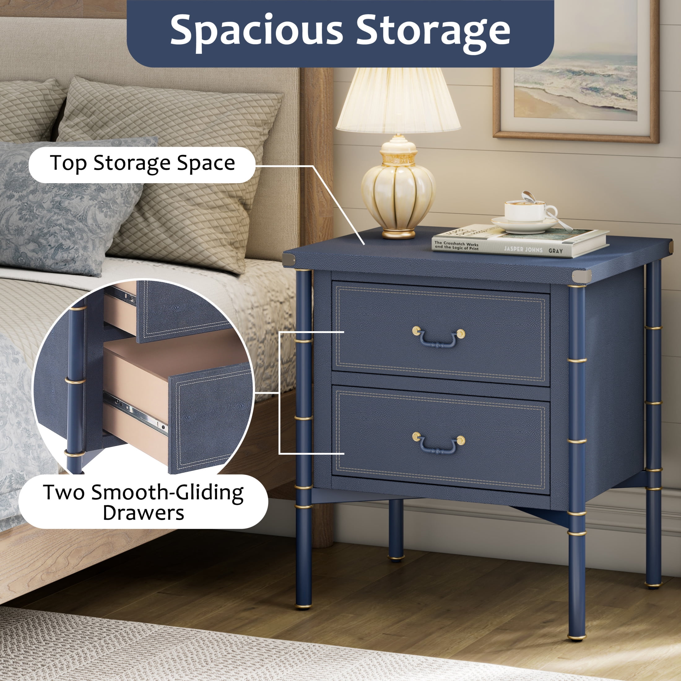Christopher Knight Home Vintage Nightstand with 2 Drawers, PU Upholstered Bedside Table, Navy Blue