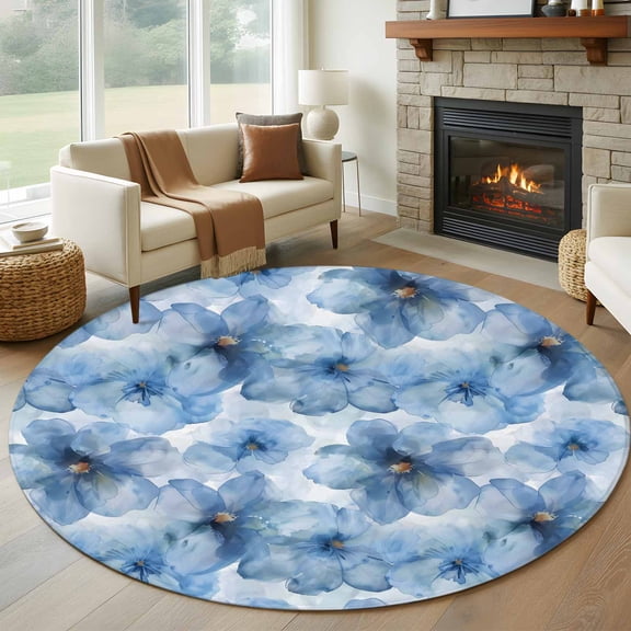 Round Rugs 5Ft, Blue Floral Spring Round Area Rug Washable Indoor Throw Carpet, Watercolor Art Elegant Botanical Soft Non Slip Circle Rug for Cabinet Bathroom Home Decor Aesthetic