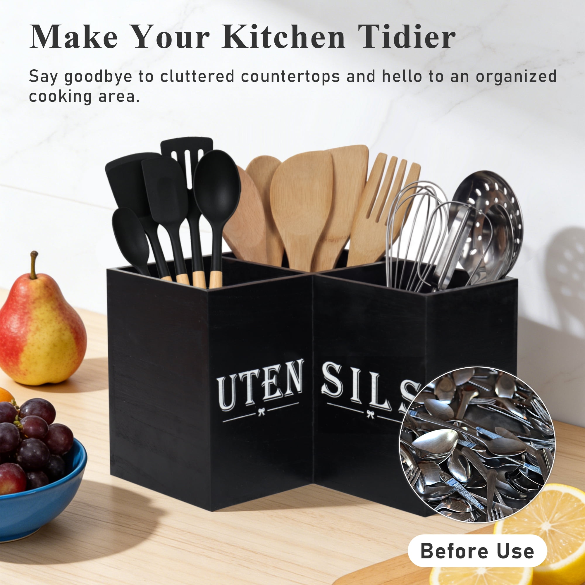 Kitchen Utensils Holder with 3 Compartments,Extra Large Corner Utensil Caddy for Countertop,Wooden Utensil Organizer for Kitchen Countertop, Black