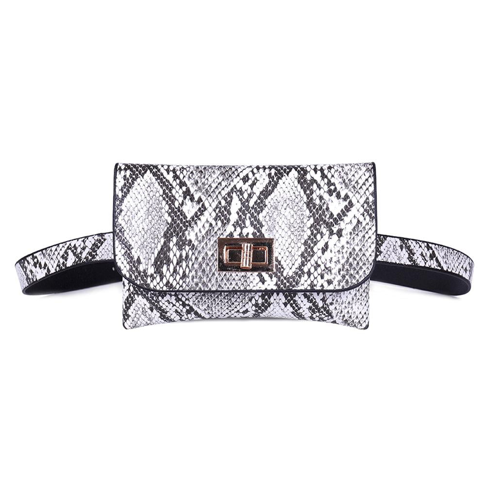 PU Leather Elegant Fanny Pack Fashion Snakeskin Pattern Waist Bag Belt Bag Purse Phone Wallet-A-White 