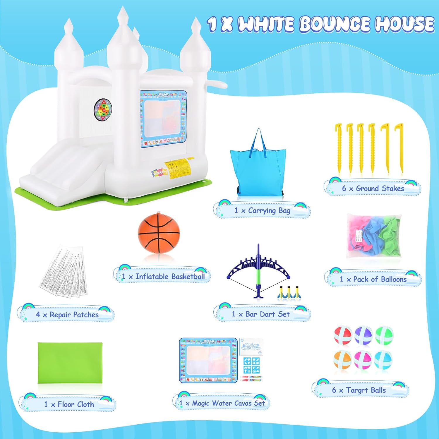 Adnoom Bounce House for Kids 3-8, White Bouncy Castle with Slide, Inflatable Bouncer with Magical Water Canvas, Wedding Party Kids Birthday Party, Indoor & Outdoor
