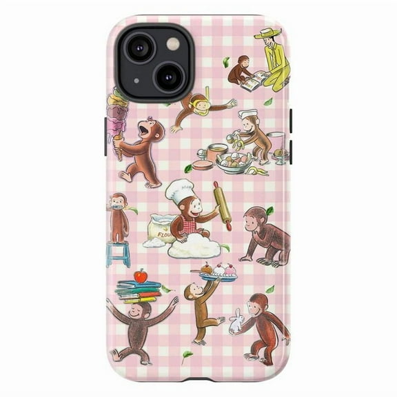 Curious Monkey Pink Gingham Phone Case, Whimsical Vintage Baking & Reading Aesthetic Protective Cover for iPhone 16 15 14 13 12 11 Pro Max Plus Mini