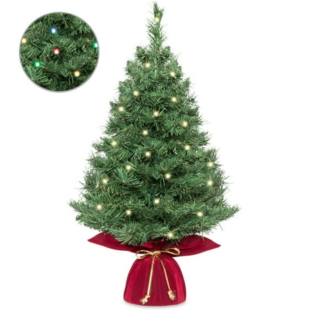 Best Choice Products 26in Multifunctional Cordless Pre-Lit Tabletop Artificial Fir Christmas Tree w/ 35 Warm White and Multicolor LED Lights, 5 Light Functions, Timer, Battery Box,