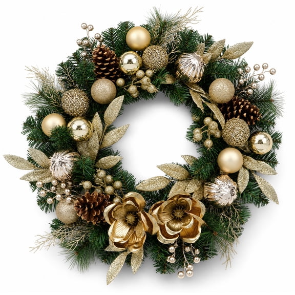24 Inch Pre‑Lit Christmas Wreath, Gold Magnolia Electroplated Bauble Pine Cone Berry Decor, 20 LED Lights 8 Modes Timer Battery Operated, PVC Artificial Xmas Wreath for Front Door Holiday Decor