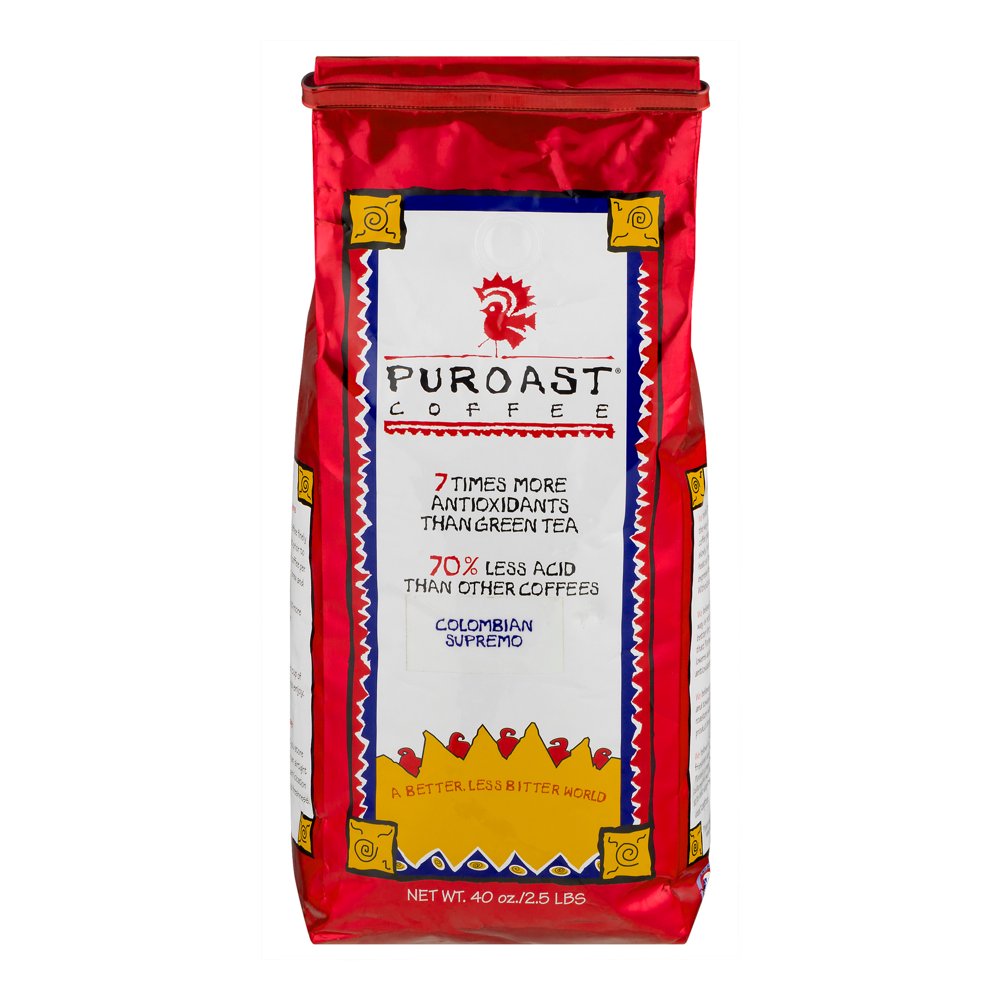 Puroast Colombian Supremo Low Acid Whole Bean Coffee, 40 oz Bag