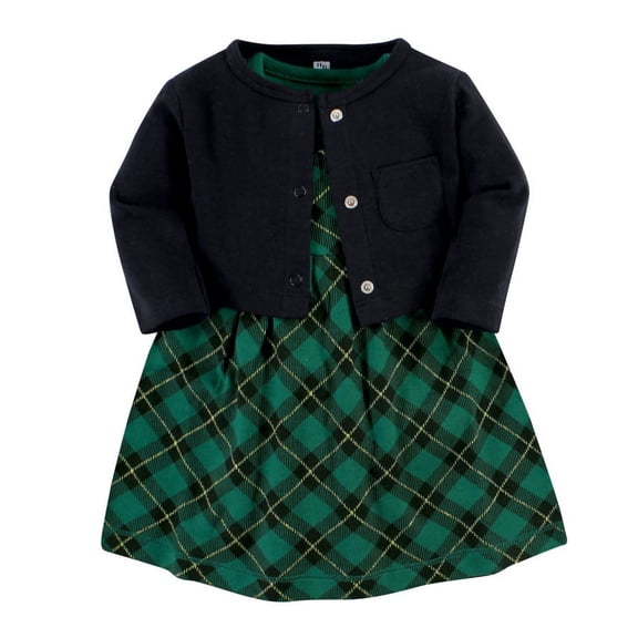 Hudson Baby Baby Girls Cotton Dress and Cardigan Set, Forest Green Plaid, 0-3 Months