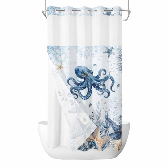 No Hook Blue Octopus Coastal Shower Curtain with Snap in Liner Set, Beach Starfish Nautical Coral Botanical Waterproof Bathroom Curtains with See Through Top Window, Hotel Style Small 36 x 78 Inch