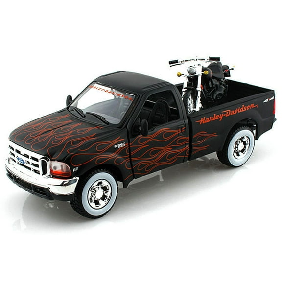 1999/2002 Ford F-350 Super Duty Pickup Harley-Davidson / FXSTB Night Train Motorcycle, Black w/ Flames - Maisto HD 32181 - 1/27 scale /1/24 Scale Diecast Model Toy Car & Motorcycle