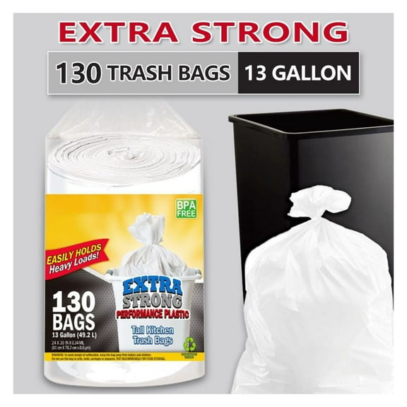 130 Count 13 Gallon Trash Bags - Heavy Duty Expandable Plastic Garbage Bags Leak-Proof Odor Control for Kitchen, Bathroom, Office & Outdoor Use - White
