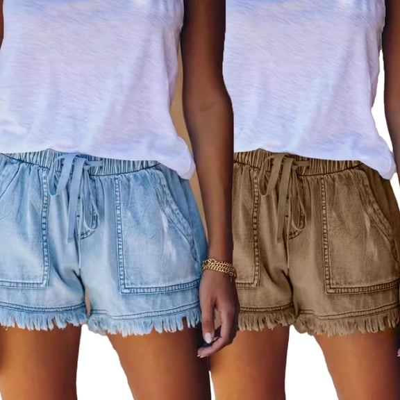 LYMAYTER Women Pull Rope Shorts Fallow Tassel Shorts Fashion Elastic Waist Shorts Summer Denim Shorts for XS-3XL
