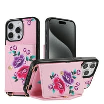 for iPhone 13 Pro Max Mirror Wallet Case with Card Holder, Floral Flower Print Back Flip Folio PU Leather Kickstand Shoulder Strap / Wristlet Magnetic Clasp Cover for iPhone 13 Pro Max, Pink