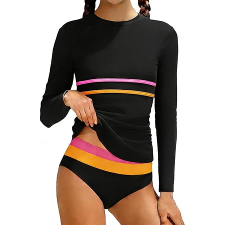 Curuila Toddler Girls Two Piece Swimsuit Long Sleeve Crew Neck Stripe Print Slim Top With Bikini Bottoms Breathable Soft Swimwear For Swim Beach Black Size 11-12 Years