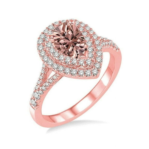 Double Halo Pear Shape Morganite and Diamond Engagement Ring in 14k Rose Gold affordable morganite and diamond engagement ring