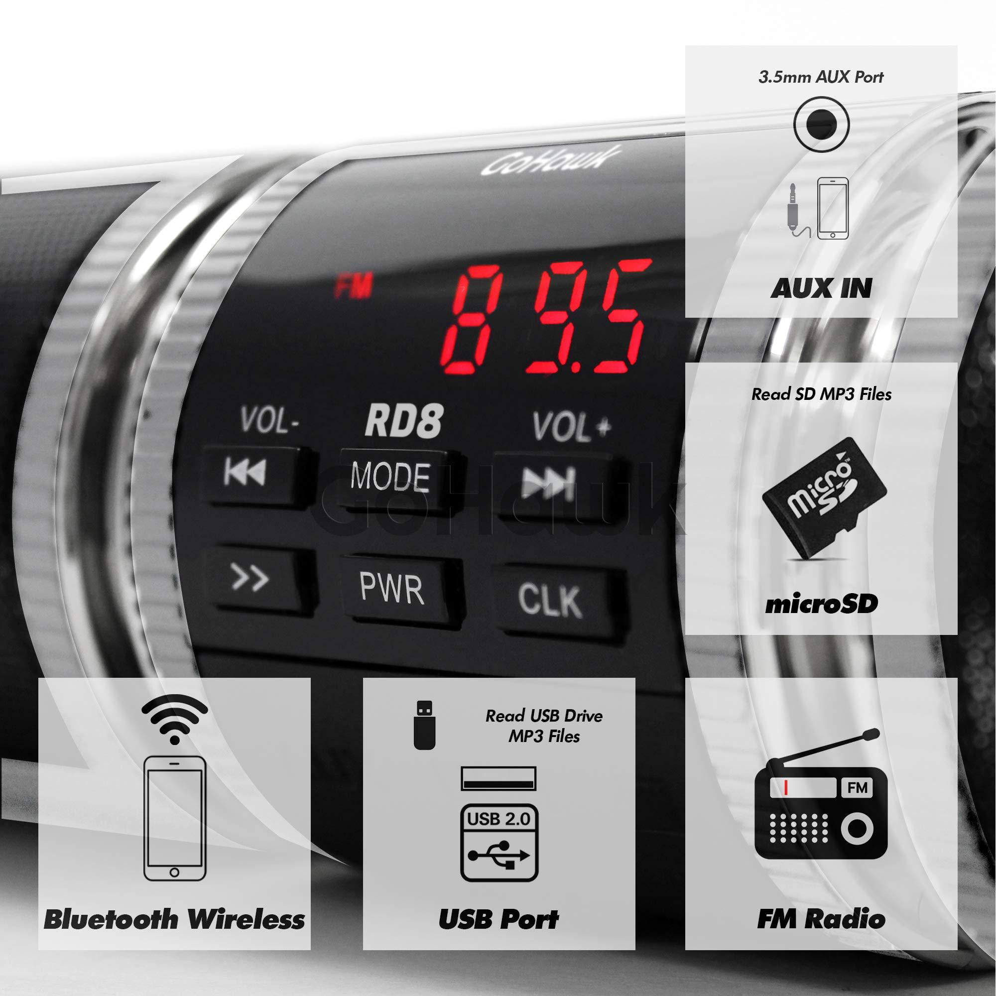 AUX FM Radio Handlebar Mount MP3 Music Player Audio Amplifier System ATV 4-Wheelers USB GoHawk RE8 Gen.3 Waterproof Bluetooth Motorcycle Stereo Speakers Soundbar 7/8-1.25 in White 